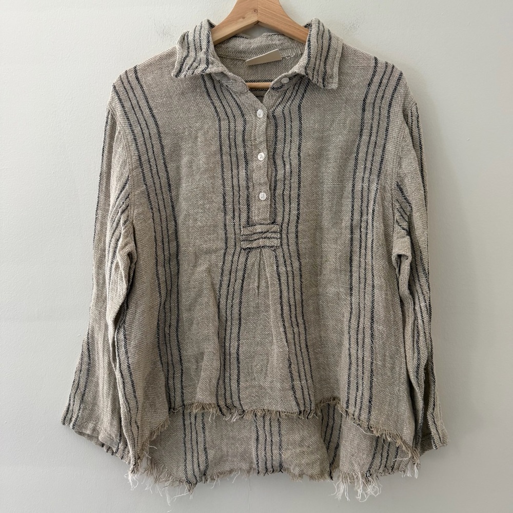 Paper Lace Linen Shirt Popover Beige Stripes Size Medium Beachy Boho Coastal